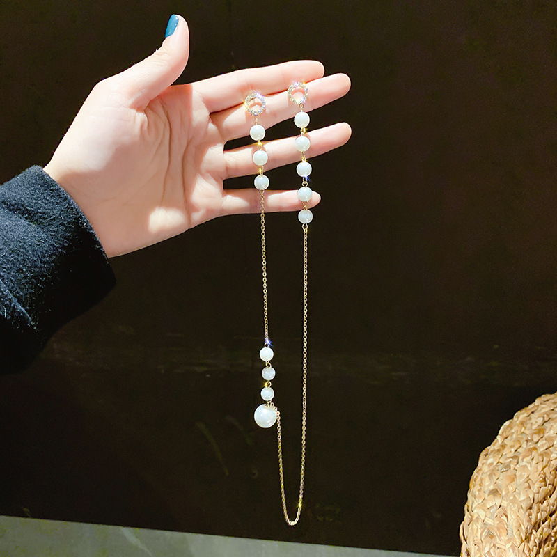 Cat's eye stone earrings for women, 2022 new trendy earrings, Korean Internet celebrity style long stud earrings, ear thread tassel earrings Specification image