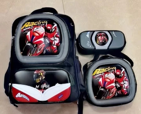 A three-piece set of schoolbag, helmet and person
