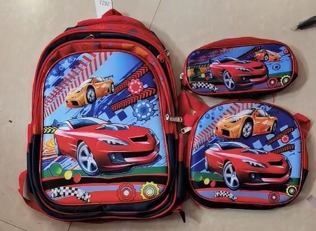 Three-piece schoolbag set, red and blue car