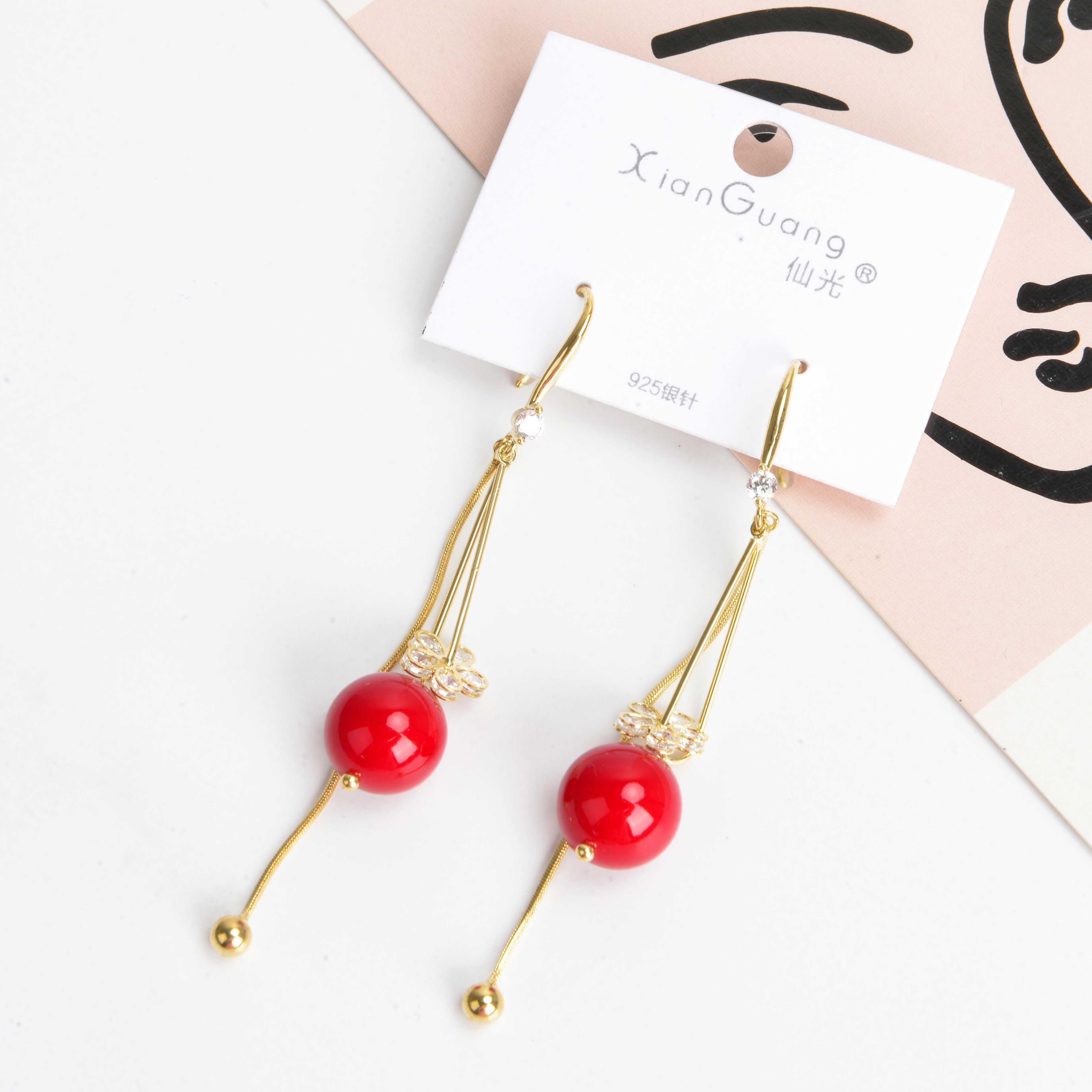 新品耳环小众设计高级感网红耳饰女防过敏925银针红珠子耳环详情2