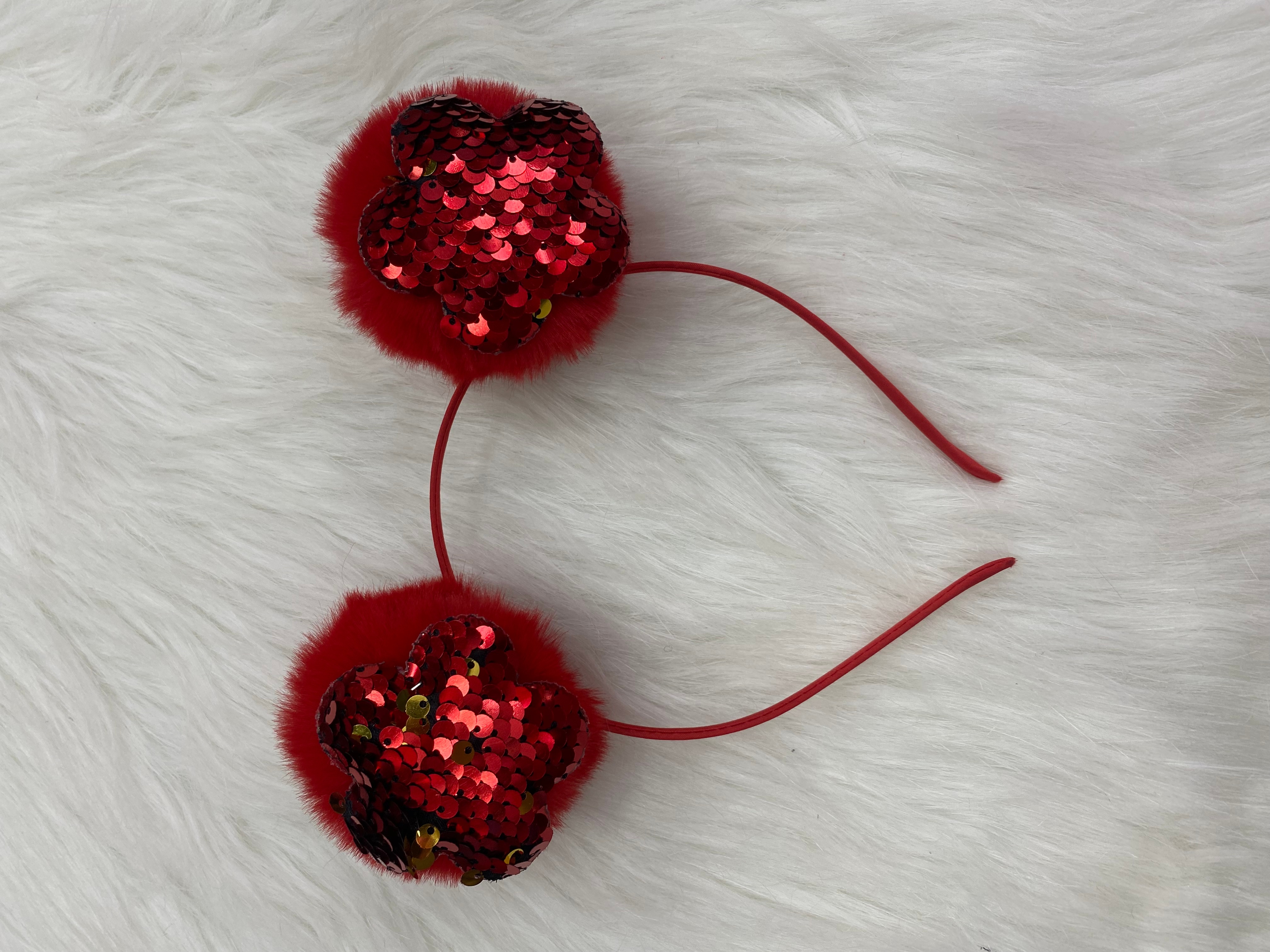 Red. Plum red pom-pom with sequined plum blossom headband, fashionable and versatile, trendy ladies' hair accessory, popular headwear, Melida accessories details Picture