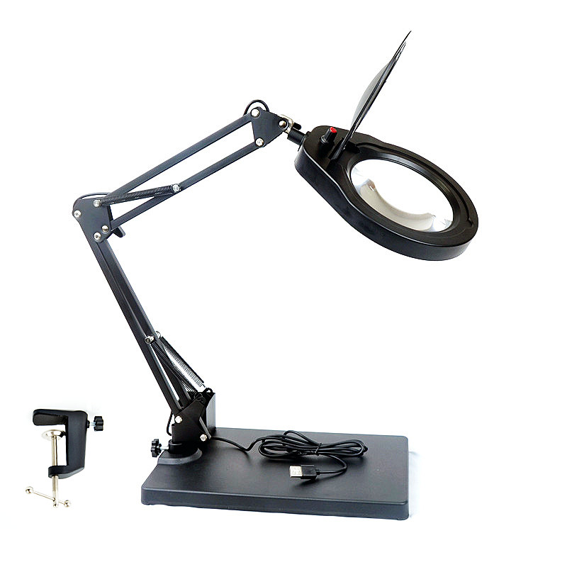 PD178 adjustable LED lamp stand, 10x magnifying glass with I-shaped holder, dual-purpose three-color lamp for both table and holder Item Picture