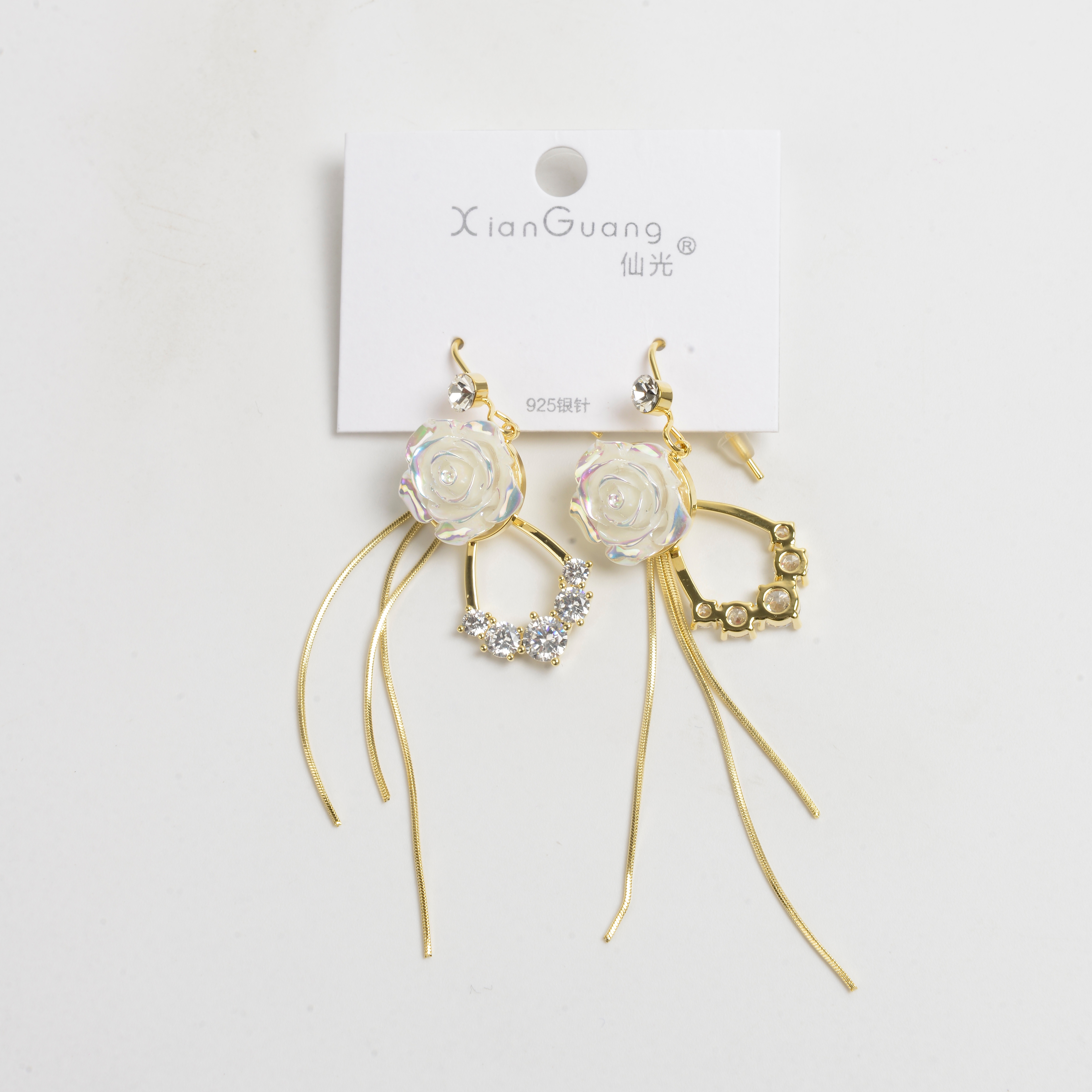 新品耳环小众设计高级感网红耳饰女防过敏925银针白色玫瑰花钻石流苏耳环详情1