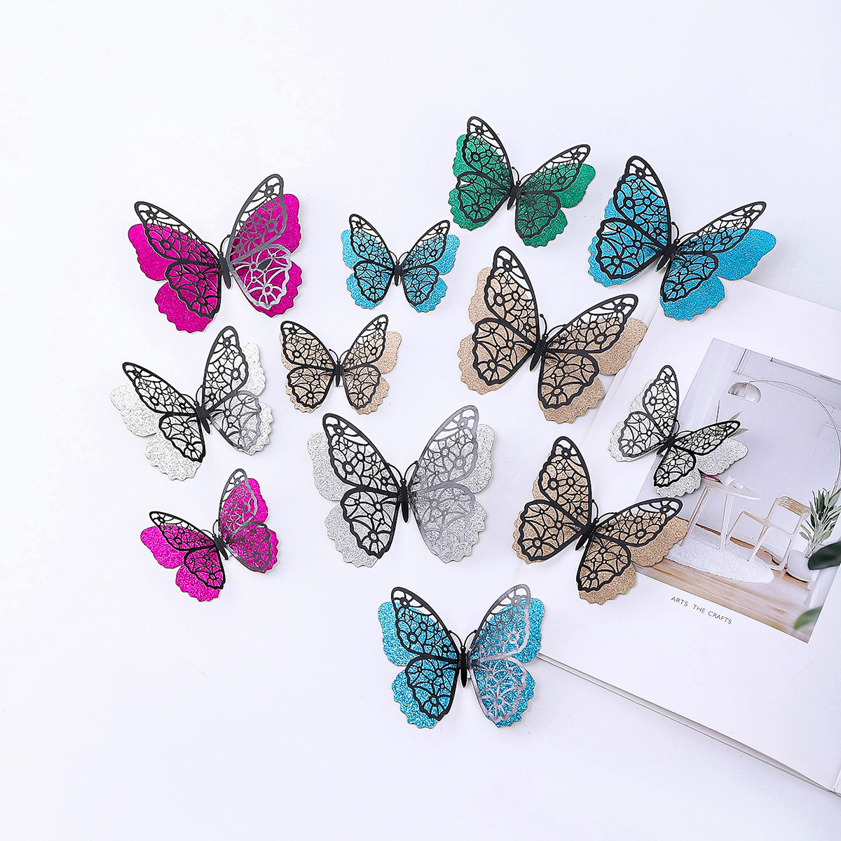 12只装3D立体双层蝴蝶墙贴镂空蝴蝶贴纸自粘金闪闪蝴蝶装饰组合贴 婚礼派对装饰蝴蝶贴 香槟金 银色 玫红 蓝色 绿色
