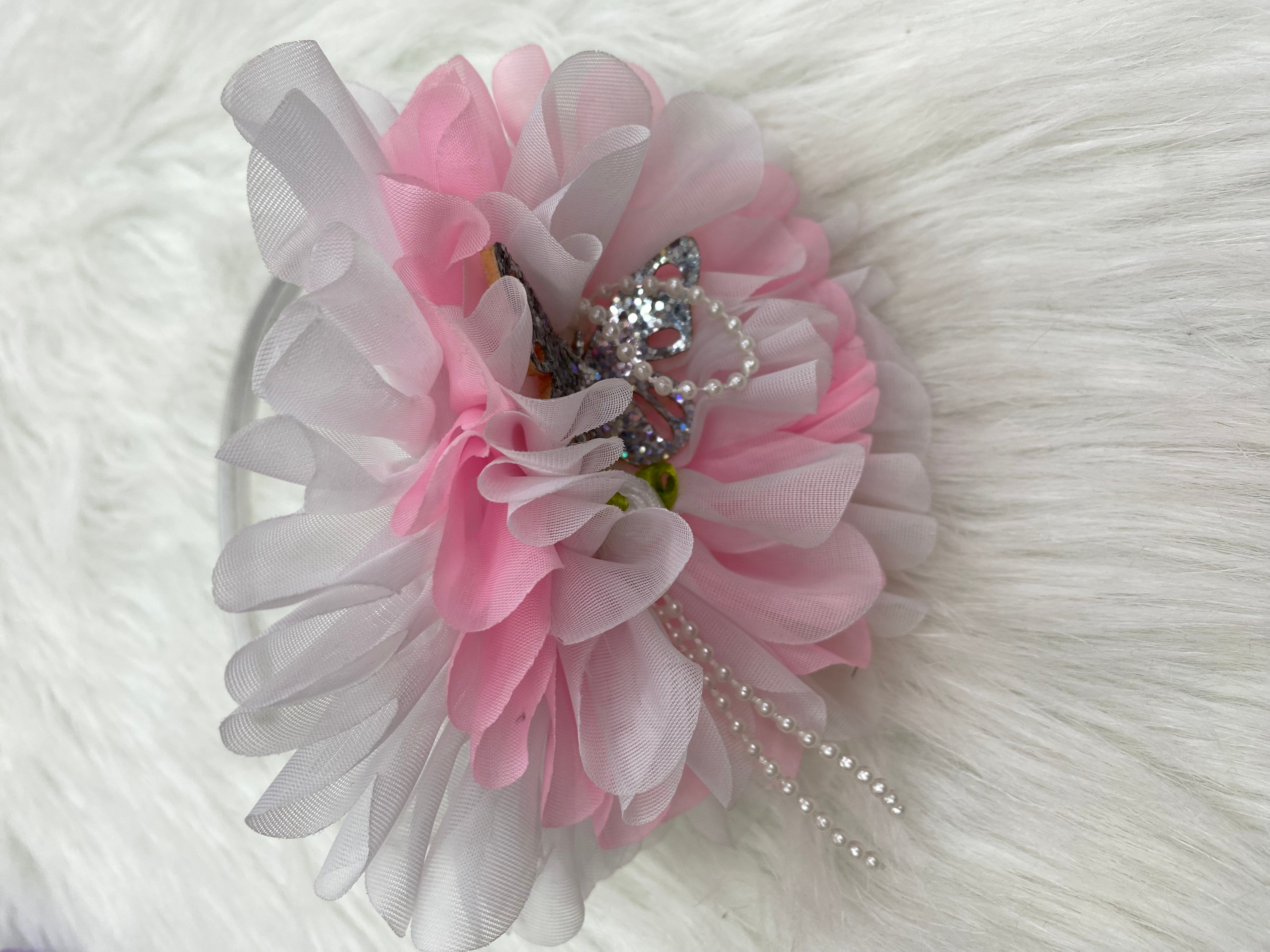 4 fashionable, versatile and trendy women's hair accessories with large floral patterns and pink butterflies, beaded headbands, and popular headwear from Melida accessories details Picture