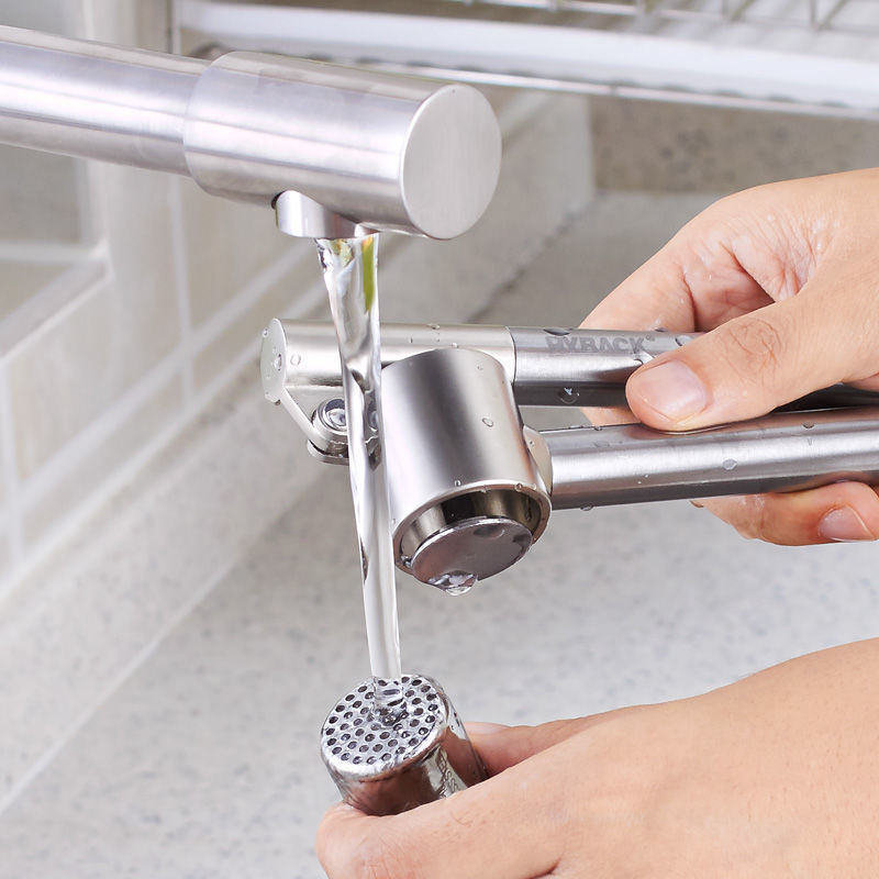Stainless steel extended garlic squeezer and peeler