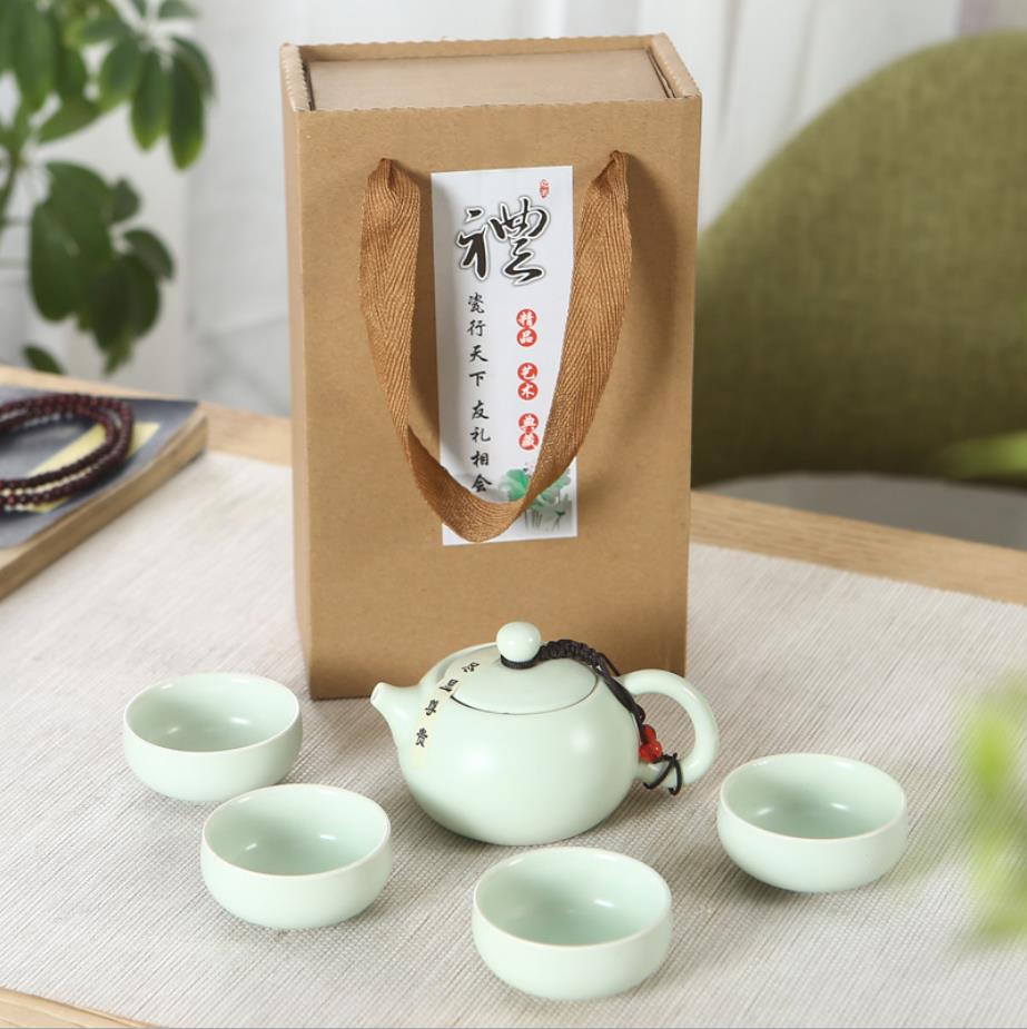 Kun Kun Ceramic Casual Gift - A pot of Four Cups Travel Tea Set, Quick Guest Cup, Drawer-style Eco-friendly Box, Gift Tea Set 111