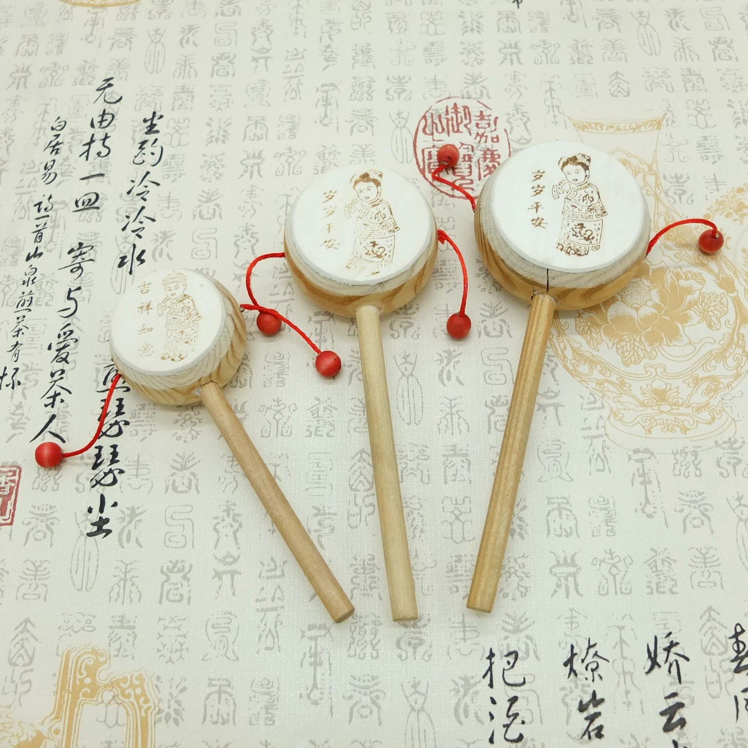 厂家直销木头拨浪鼓 中号木鼓 儿童手摇鼓环保木质拨浪鼓批发