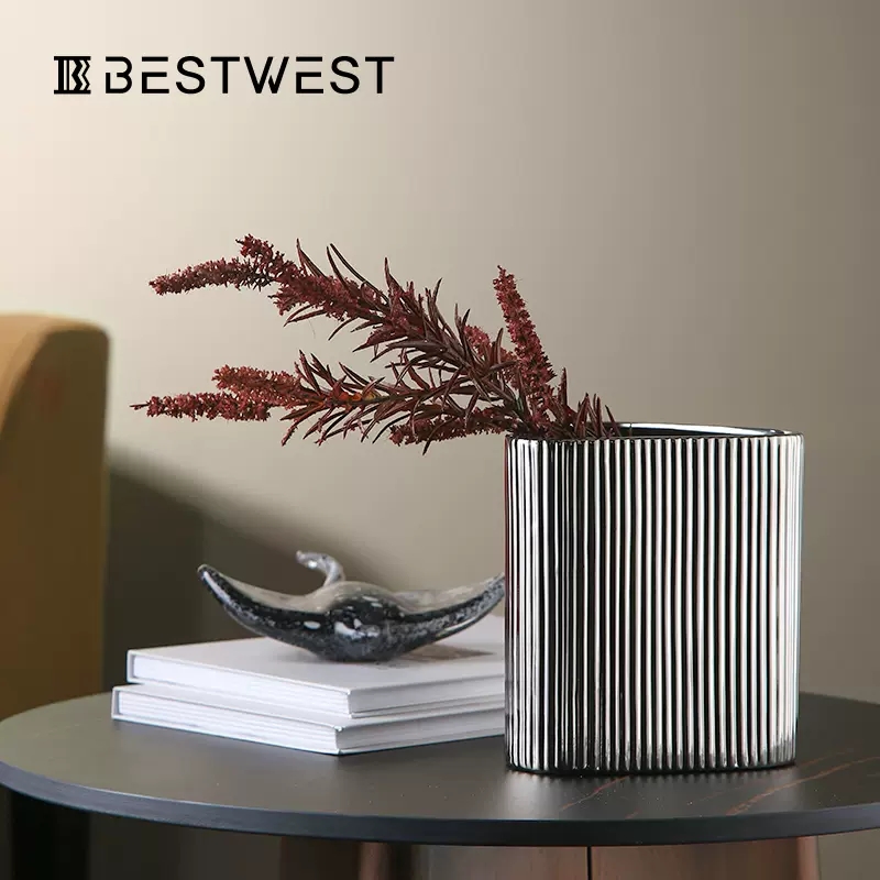 Yiwu quality vertical ribbed electroplated color ceramic vase, straight tube, modern and simple living room decoration, creative soft decoration details Picture