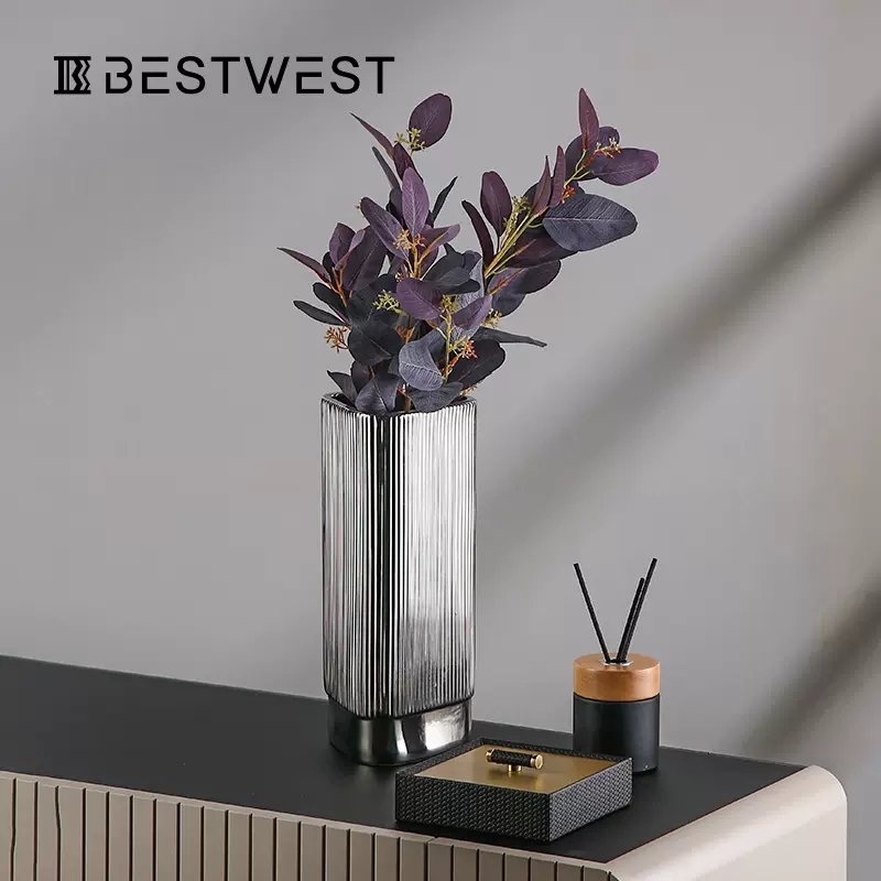 Yiwu quality vertical ribbed electroplated color ceramic vase, straight tube, modern and simple living room decoration, creative soft decoration Specification image