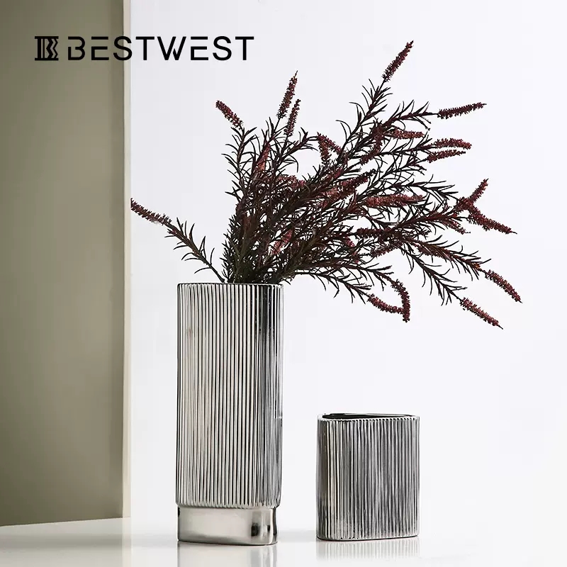 义乌好货 竖棱纹电镀色陶瓷花瓶 直筒 现代简约客厅摆件创意软装饰品