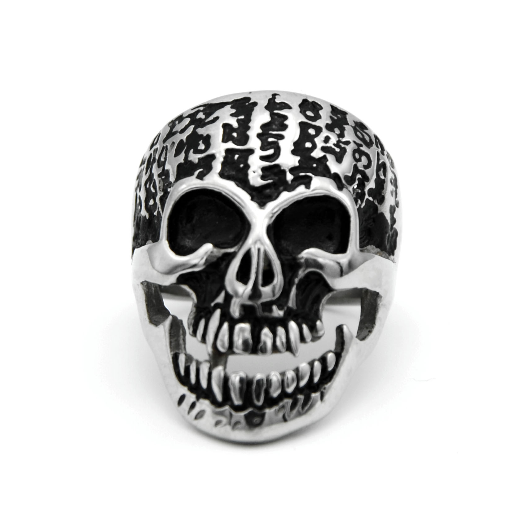 新款时尚男士钛钢不修钢朋克风戒指鬼头梵文笑脸骷髅头