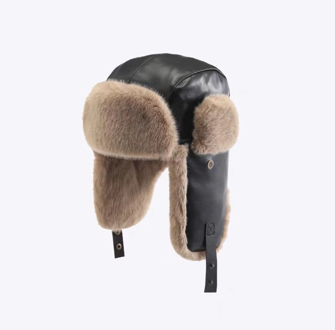 时尚韩版冬季成人护耳帽加厚PU皮雷峰帽