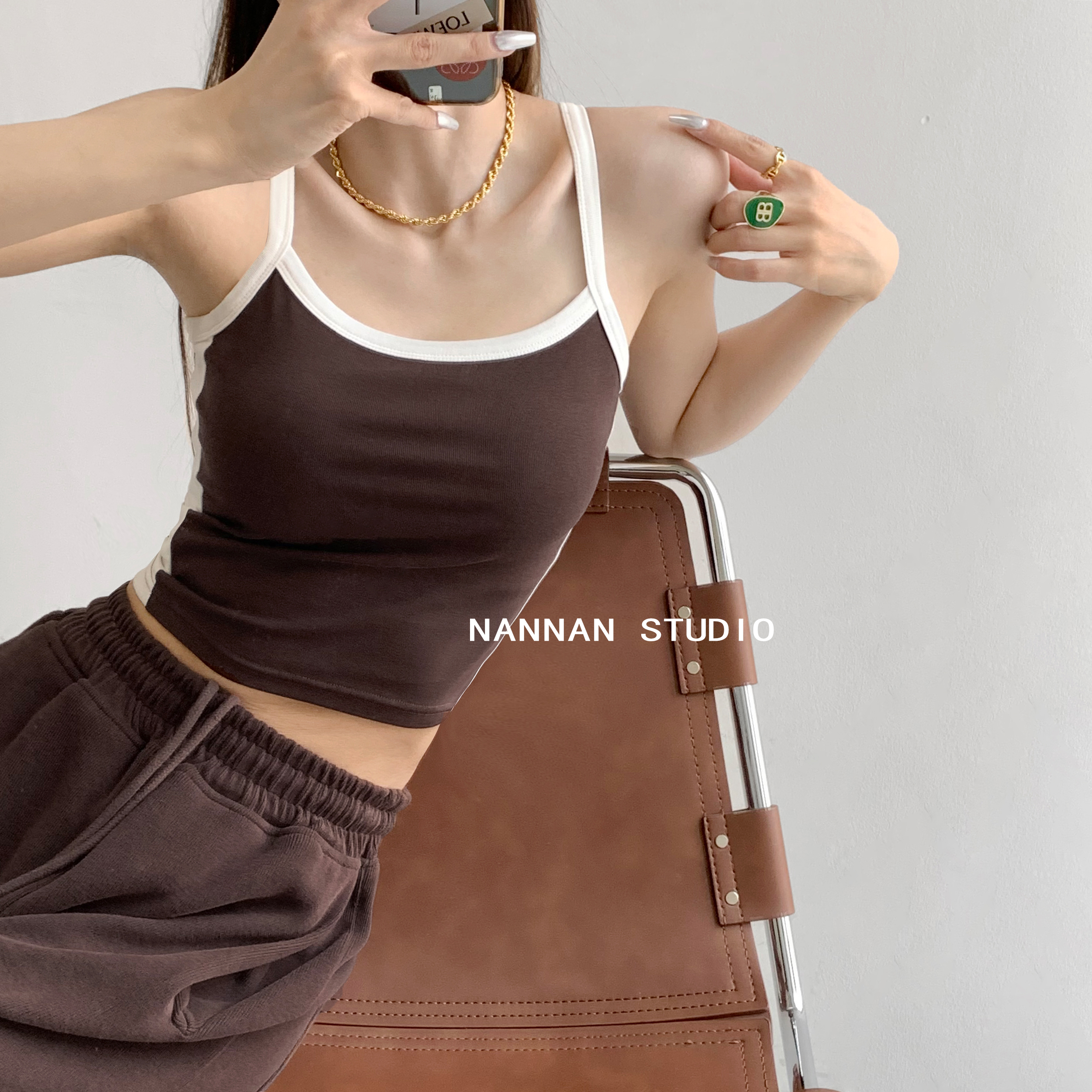 美式复古运动风拼接撞色背心女夏季辣妹修身薄款紧身性感吊带上衣