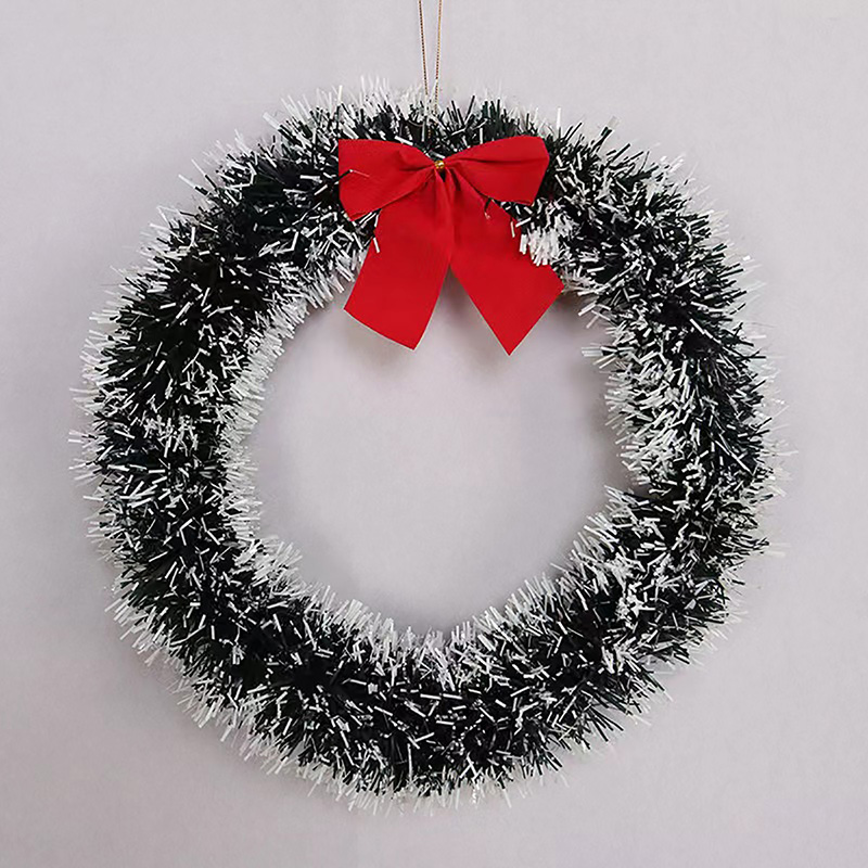 The new style of rubia ink-colored striped flower wreath with white and green edges and a bow is suitable for hanging on doors, hotels, shopping malls, store Windows and Christmas decorations Item Picture