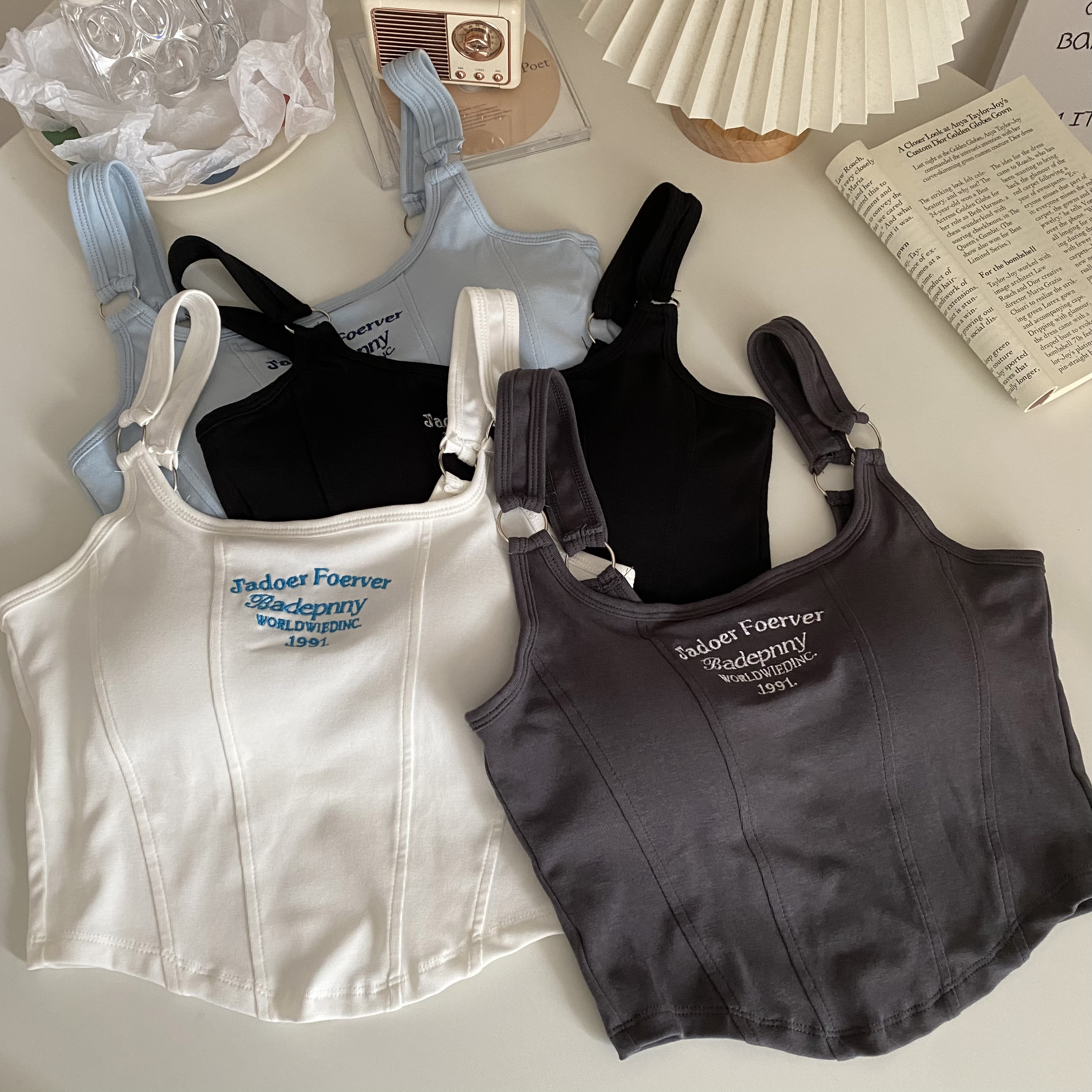 Pure Desire letter-embroidered small halter top for women, a hot girl outfit, a slim short and super trendy infrared top details Picture