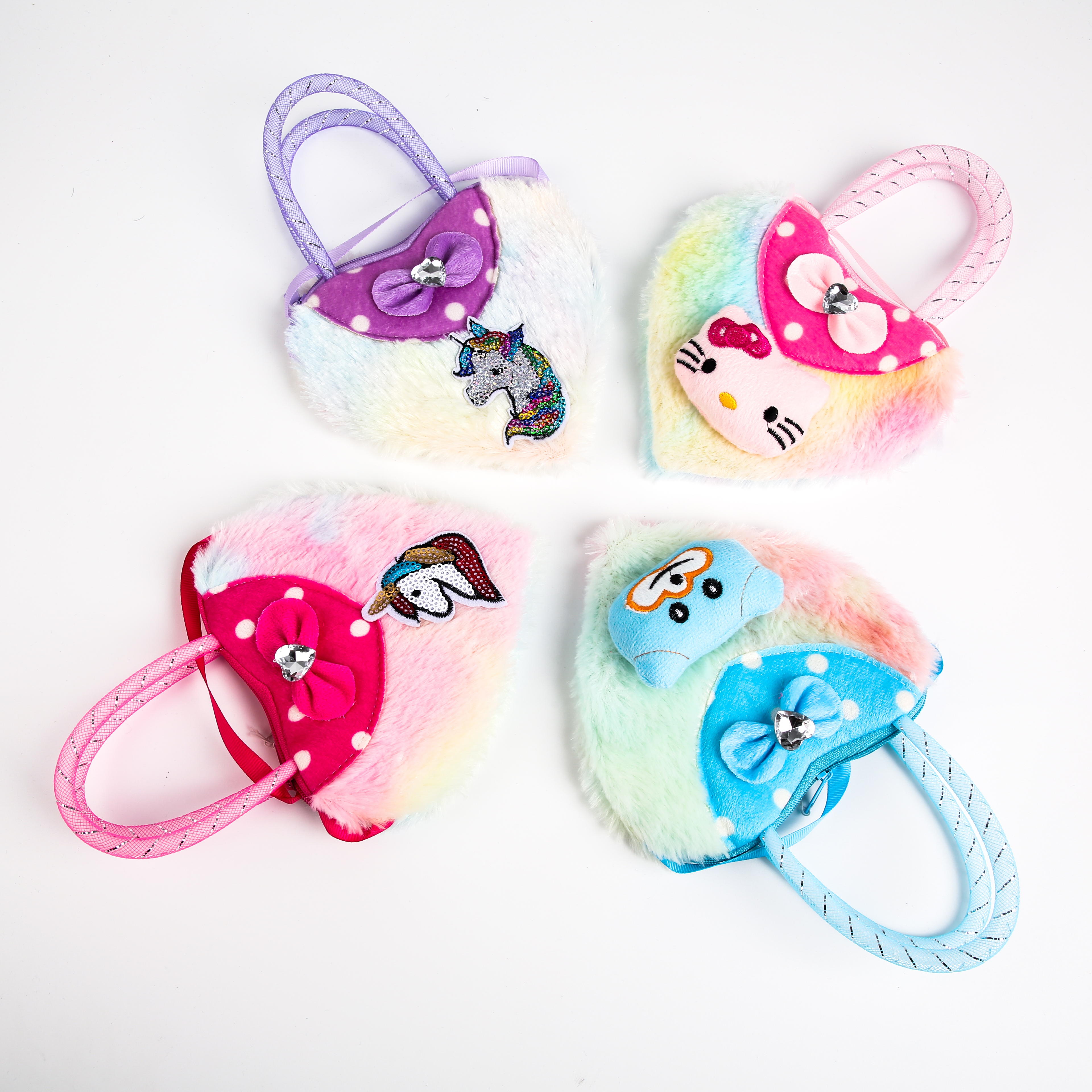 Direct sales from the manufacturer of 2022 Tie-dyed Heart-shaped Gold Thread hand-held plush Bag, Children's crossbody Bag and Cartoon Unicorn Bag
