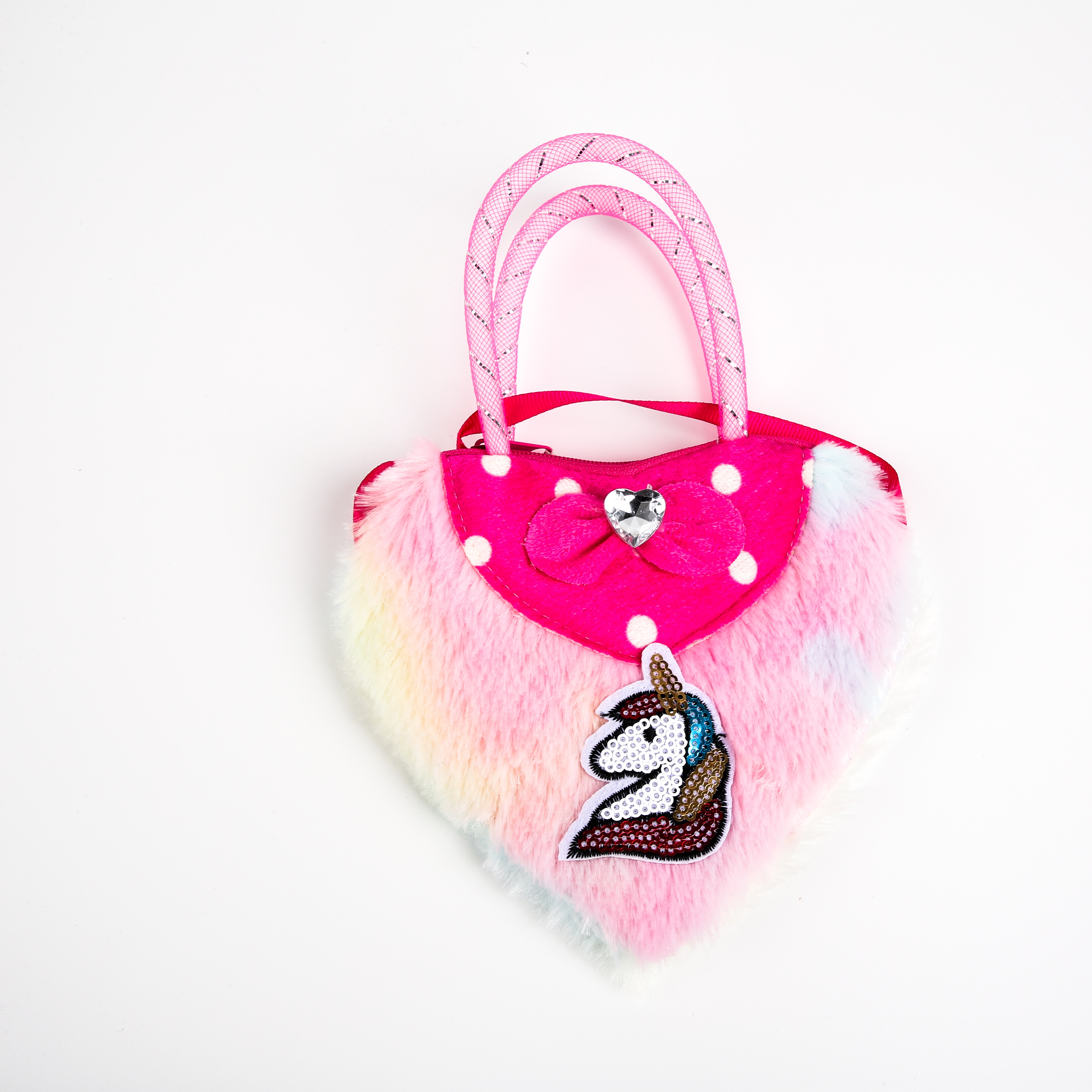 Direct sales from the manufacturer of 2022 Tie-dyed Heart-shaped Gold Thread hand-held plush Bag, Children's crossbody Bag and Cartoon Unicorn Bag Specification image