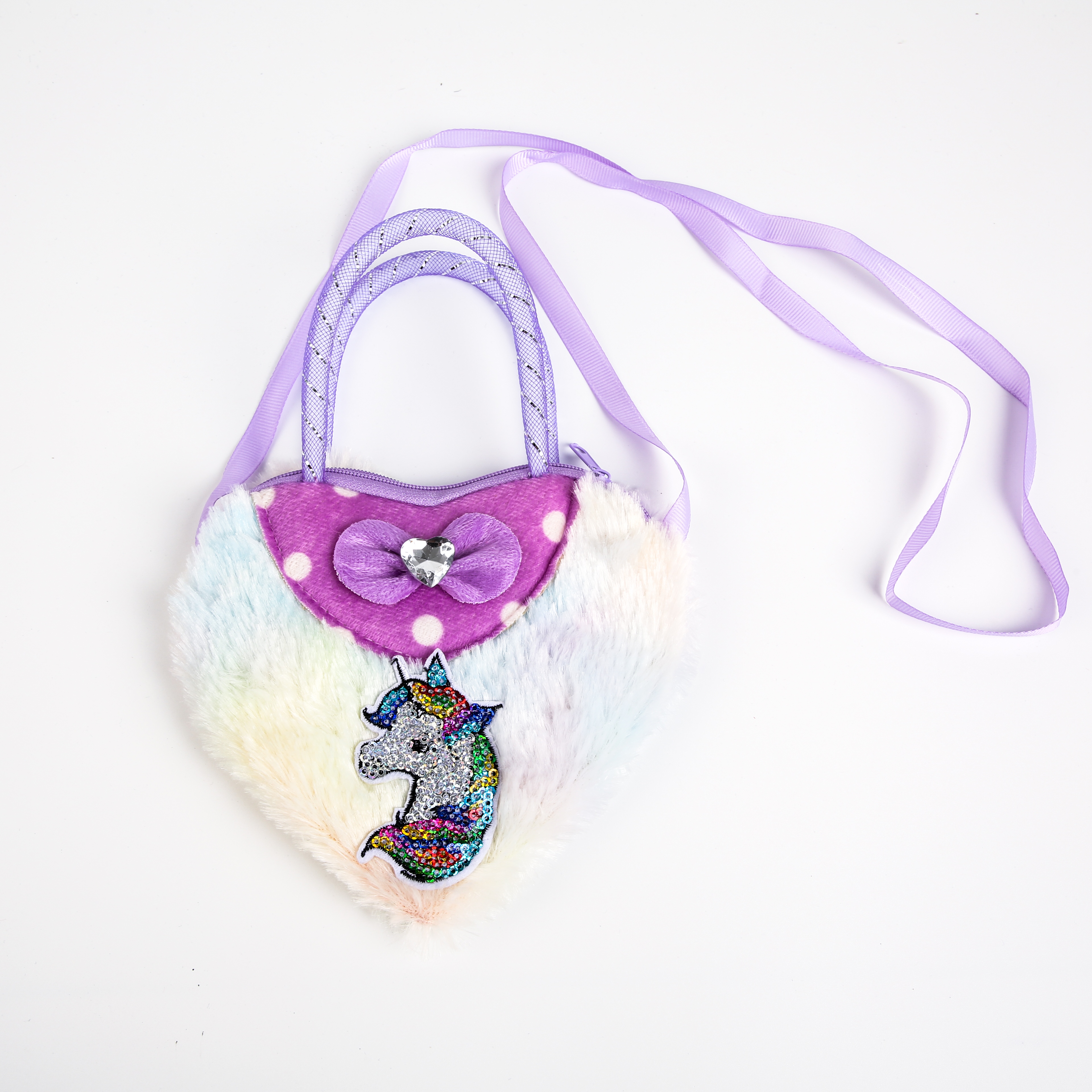 Direct sales from the manufacturer of 2022 Tie-dyed Heart-shaped Gold Thread hand-held plush Bag, Children's crossbody Bag and Cartoon Unicorn Bag Application Scenario