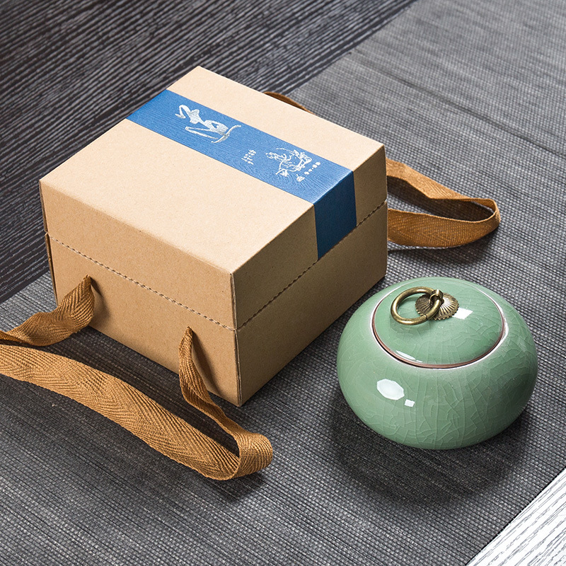 Kun Kun Ceramics Ge Kiln Split Ceramic Copper Buckle Tea Can, Celadon tea can, gift box packaging, sealed can, Ge Kiln Gift, small size customization, LOGO wholesale 055 details Picture