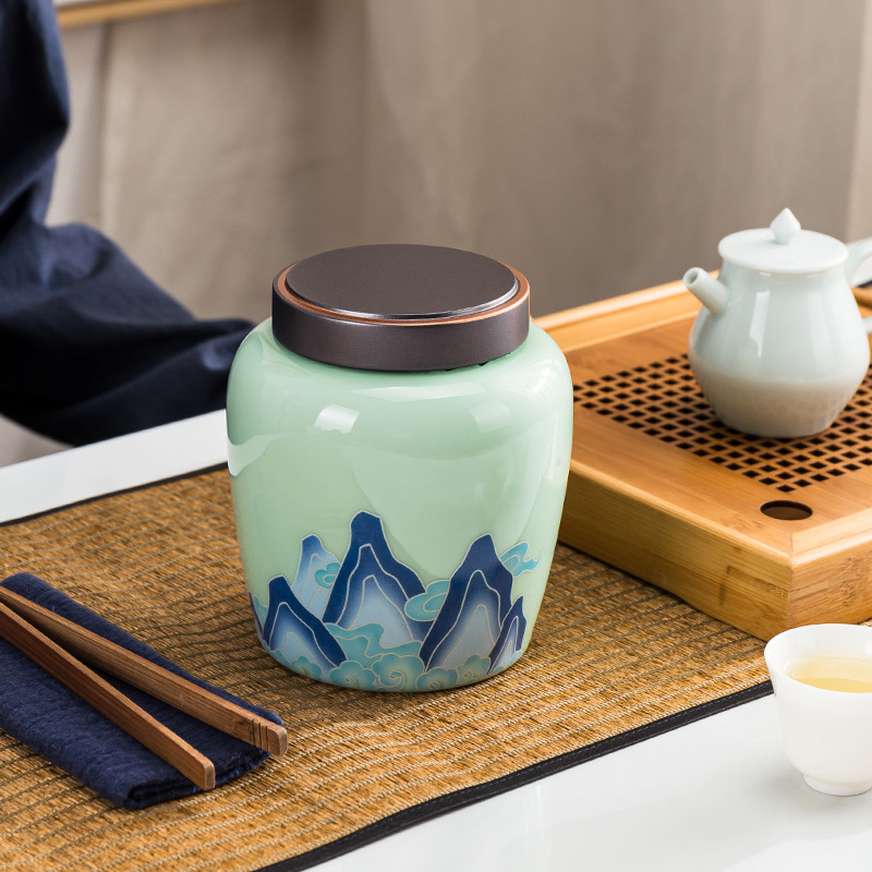 Kunkun Ceramics Dragonfly Playing in Water Ceramic Tea Canisters, 2 pieces, Household tea storage canisters, Large sealed canisters, high-end storage canisters, tea canisters, gift boxes, logo, simple and elegant for gifting, one piece for multiple uses, 054 details Picture