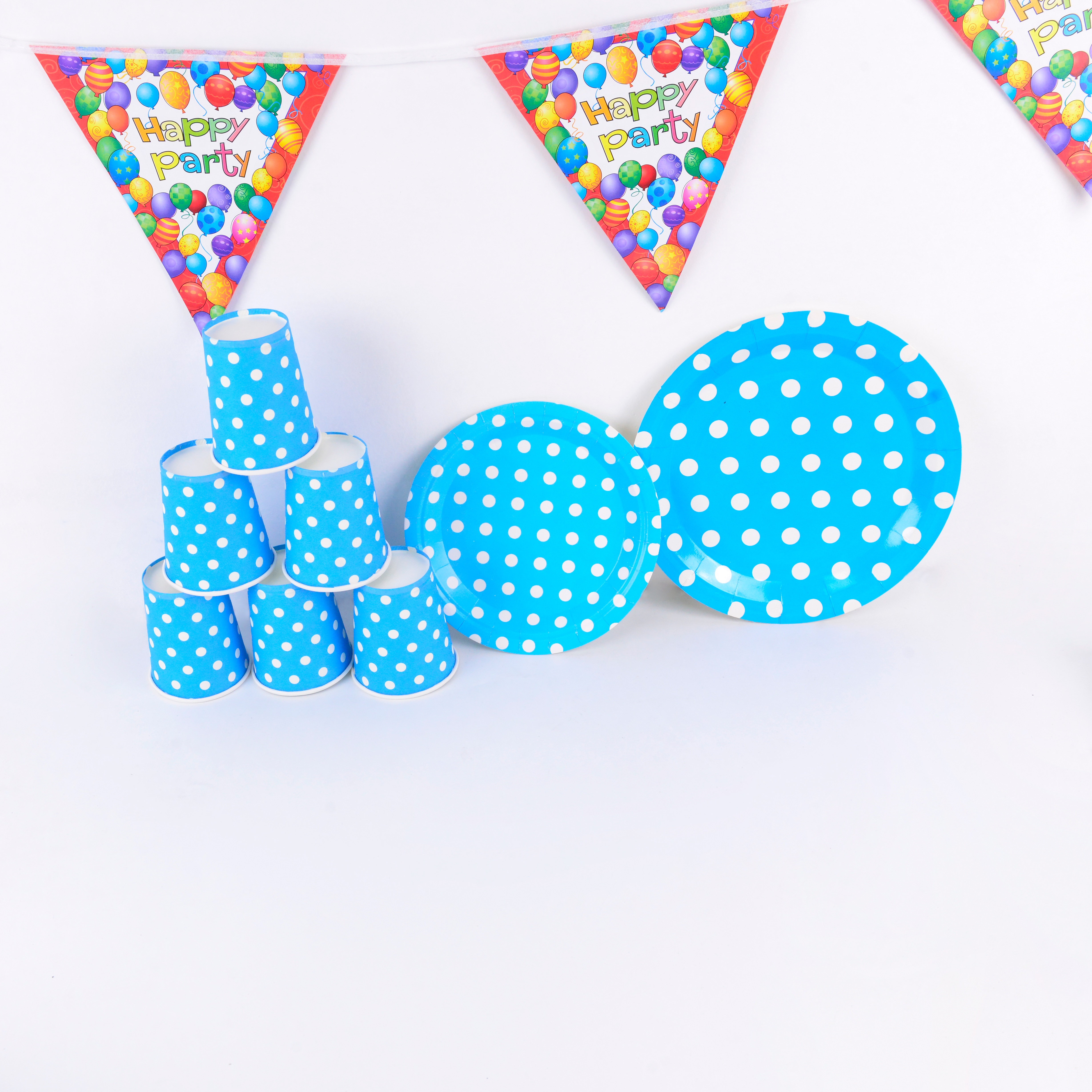 生日纸盘套装一次性派对餐具节日聚会装饰用Happy Birthday蓝底白点