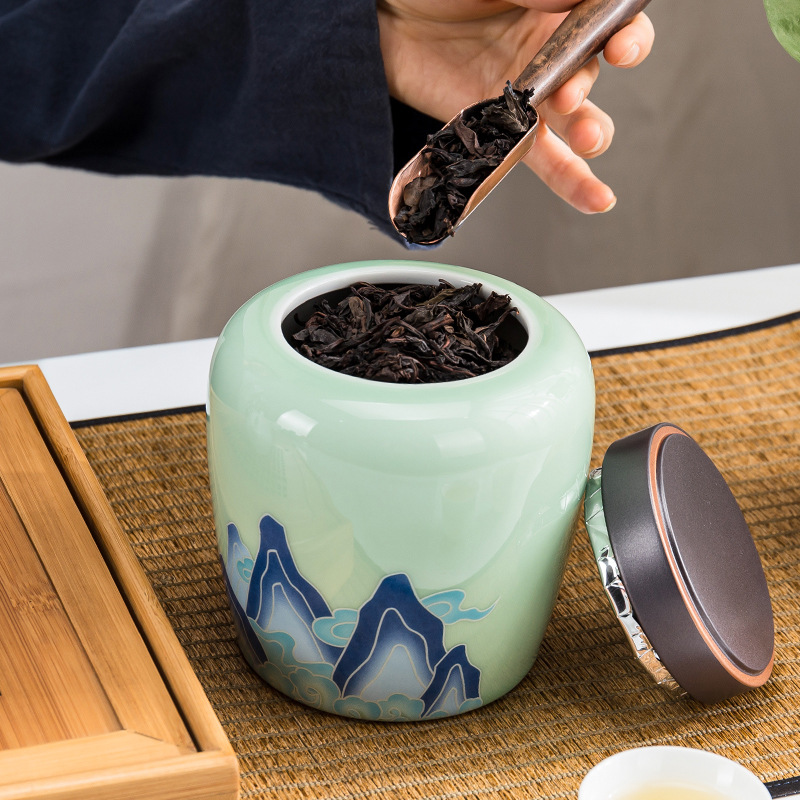 Kunkun Ceramics Dragonfly Playing in Water Ceramic Tea Canisters, 2 pieces, Household tea storage canisters, Large sealed canisters, high-end storage canisters, tea canisters, gift boxes, logo, simple and elegant for gifting, one piece for multiple uses, 054 Application Scenario