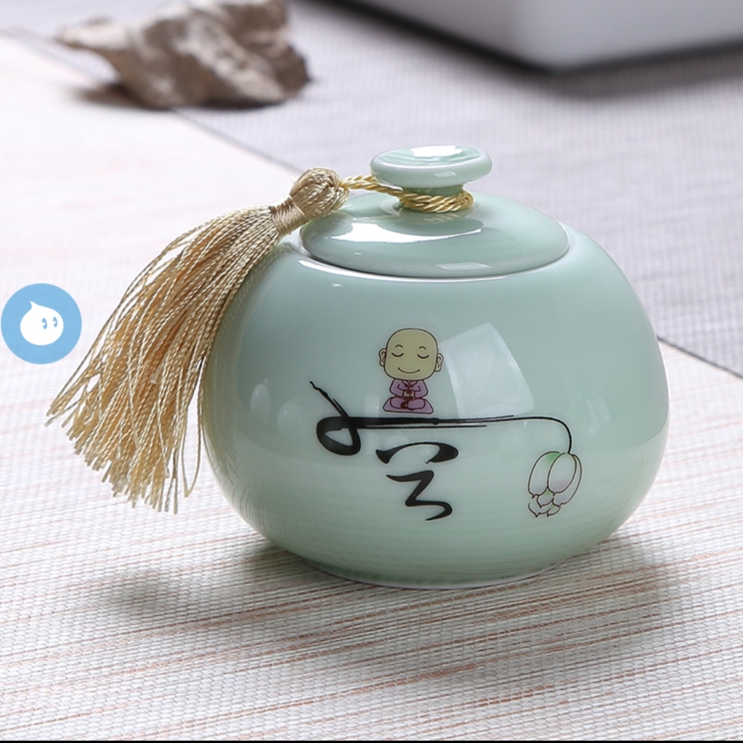 Kunkun Ceramics Small Celadon Zen Words Ceramic Tea Canister 053 Specification image