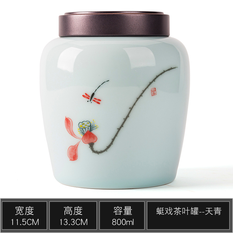 Kunkun Ceramics Dragonfly Playing in Water Ceramic Tea Canisters, 2 pieces, Household tea storage canisters, Large sealed canisters, high-end storage canisters, tea canisters, gift boxes, logo, simple and elegant for gifting, one piece for multiple uses, 054 Item Picture