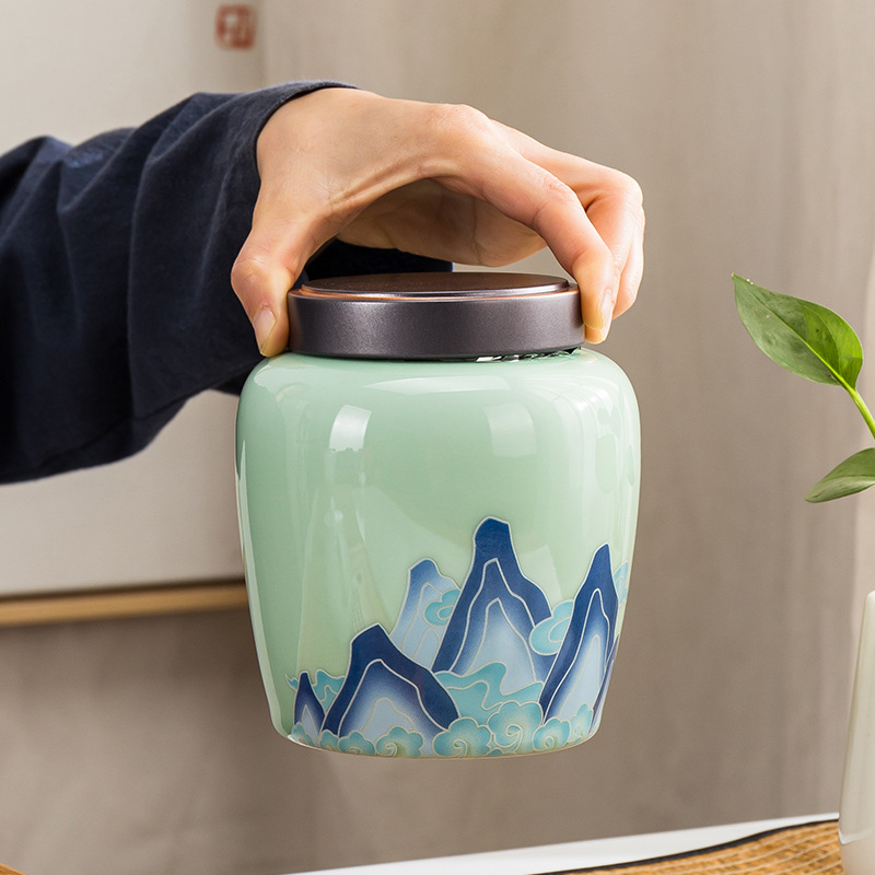 Kunkun Ceramics Ceramic Landscape Tea Canister, Household tea storage Canister, Large sealed Canister, high-end storage Canister, tea Canister, Common box, Splendid Mountains and Rivers, Thousand Miles of rivers and mountains, customizable logo, gift 053 details Picture