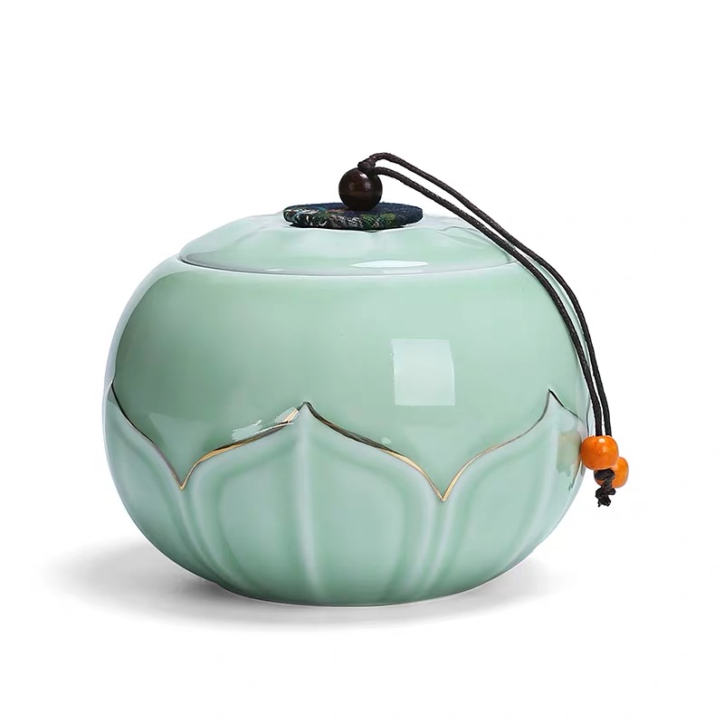 Kun Kun Ceramic Relief lotus pattern Gold Edge Ceramic Large Tea can sealed storage can hold half a jin, ordinary box gift box, gift 052 Specification image