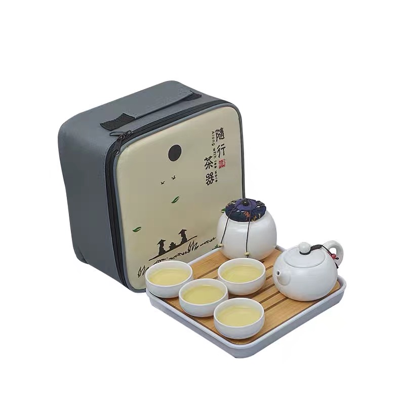 Kun Kun Ceramics Factory Direct Sales of Ding Kiln Travel Kung Fu Tea sets, travel set, one pot, four cups, portable bag with tea canister, customized logo 115 Item Picture