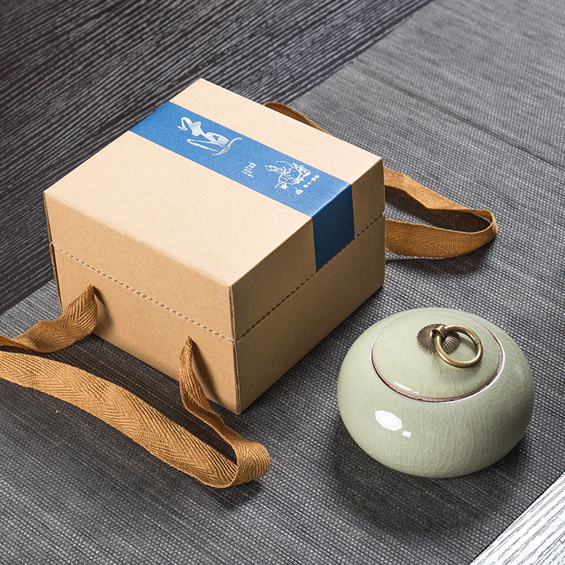 Kun Kun Ceramics Ge Kiln Split Ceramic Copper Buckle Tea Can, Celadon tea can, gift box packaging, sealed can, Ge Kiln Gift, small size customization, LOGO wholesale 055 Specification image