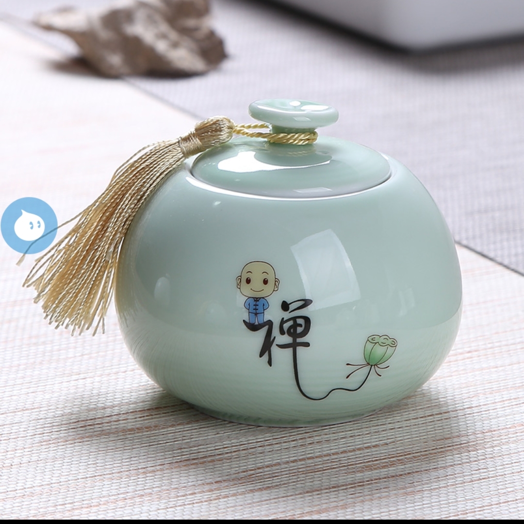 Kunkun Ceramics Small Celadon Zen Words Ceramic Tea Canister 053 Item Picture