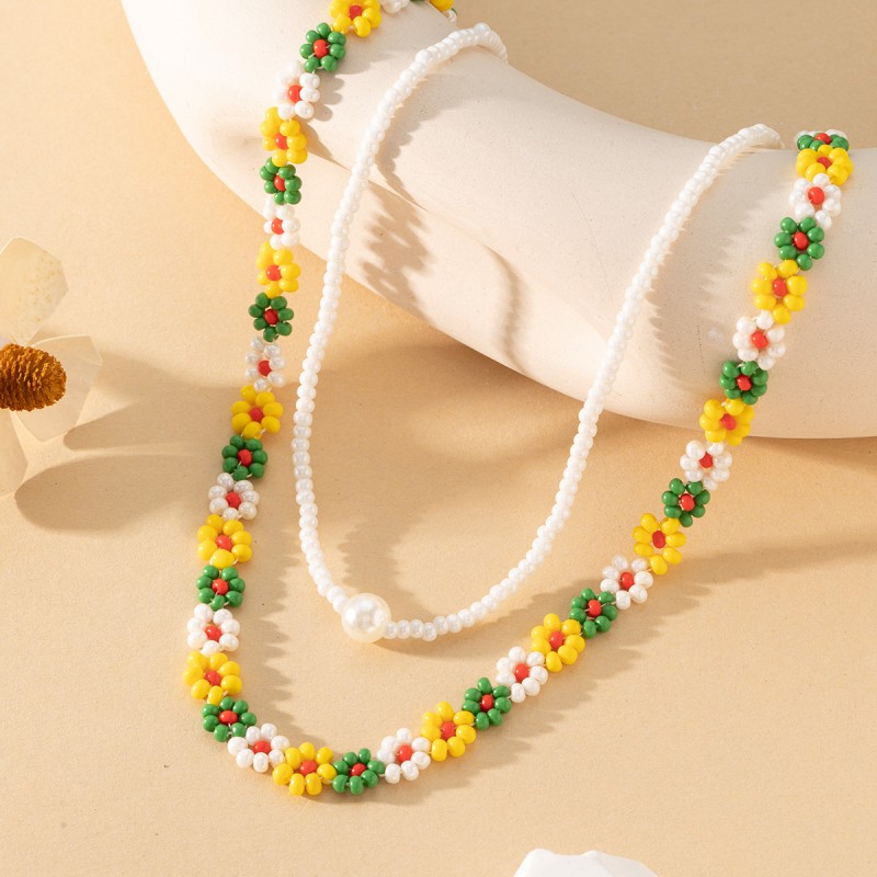 手工串珠饰品波西米亚风项饰玻璃米珠花卉项链装饰饰品图