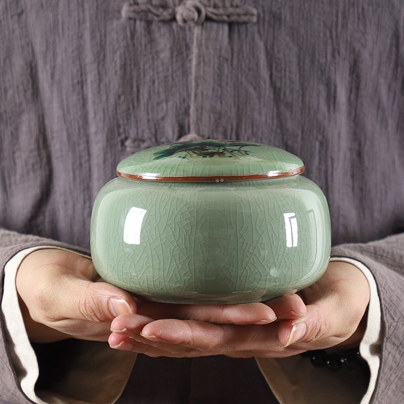 Kun Kun Ceramic Ge Kiln Tea Cans, 2 large ceramic storage cans, moisture-proof sealed cans, flower tea, Pu 'er tea, black tea, Ceramic Chinese tea cans, a pair of high-end packaging gift boxes 058 details Picture