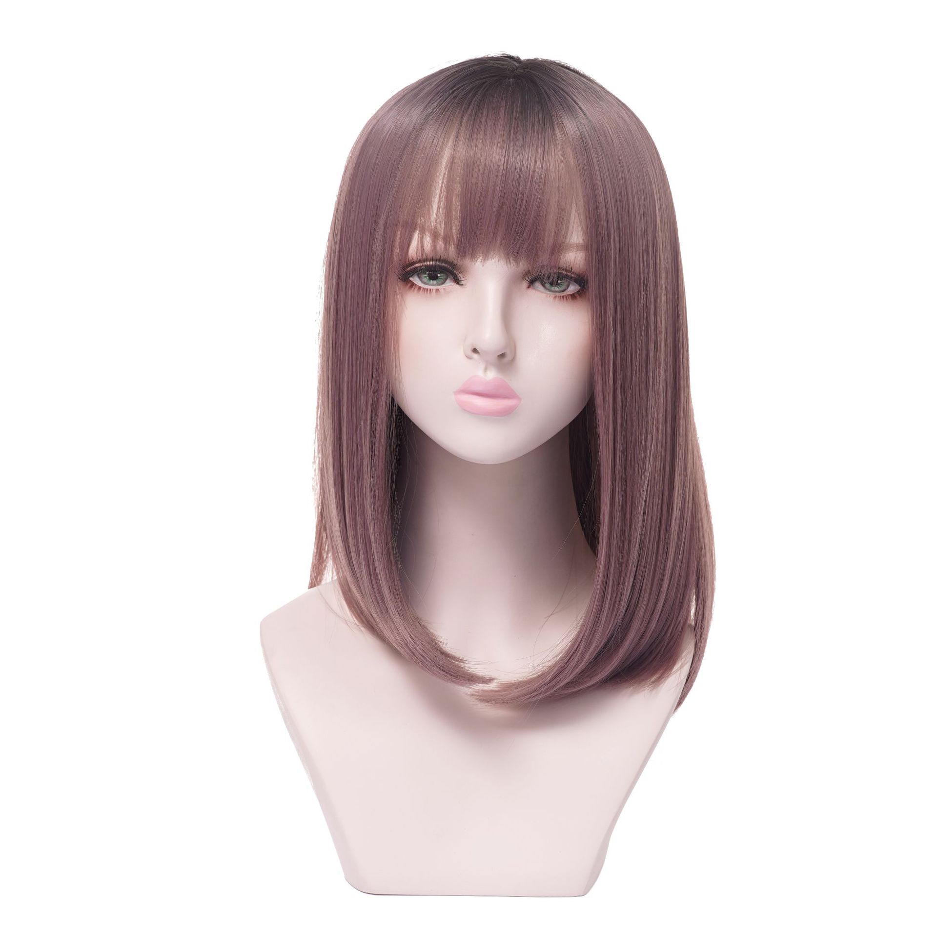 A mid-length straight wig for a female Internet celebrity with a round face and straight bangs with an inwardly folded haze powder realistic wig