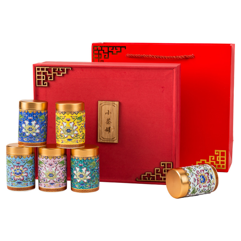 Kun Kun Ceramic Creative Ceramic Enamel Color Tea Caddy Travel Portable Top and Bottom Cover Box Small Mini Household Sealed Storage Caddy Gift Box 6 pieces 068 Item Picture