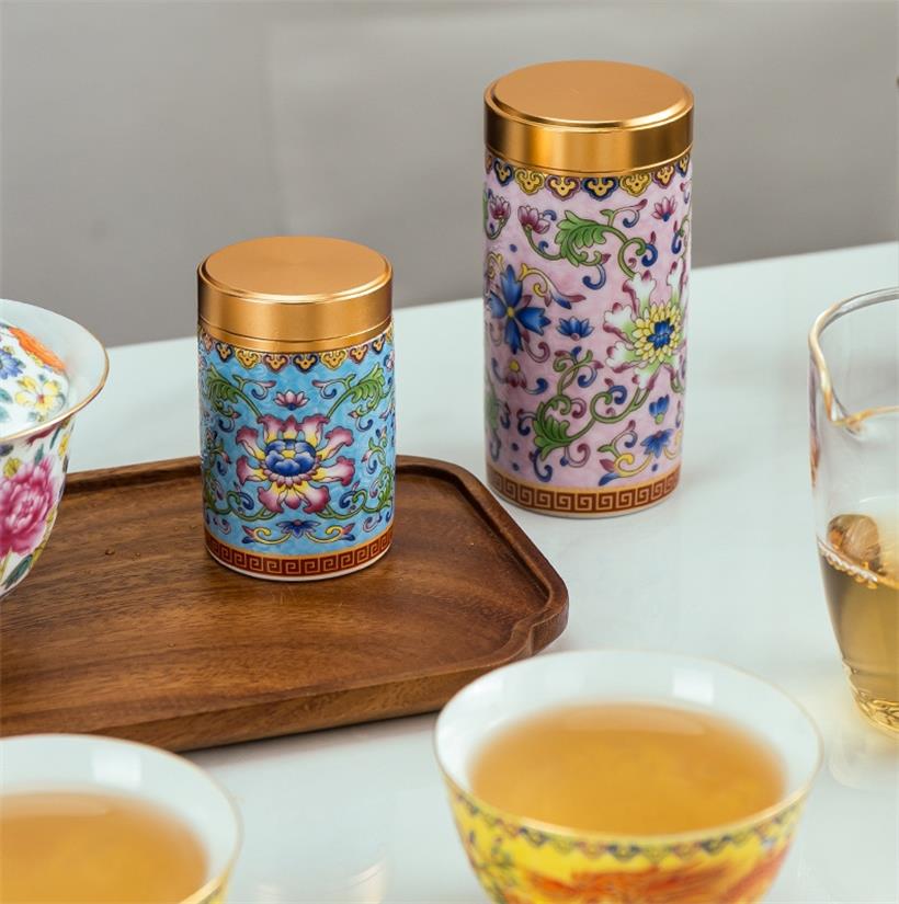 Kun Kun Ceramic Creative Ceramic Enamel Color Double Lotus Tea Jar Travel Portable Medium-sized Travel Sealed Storage Jar Gift Box Set of 6 pieces per box 069 Application Scenario