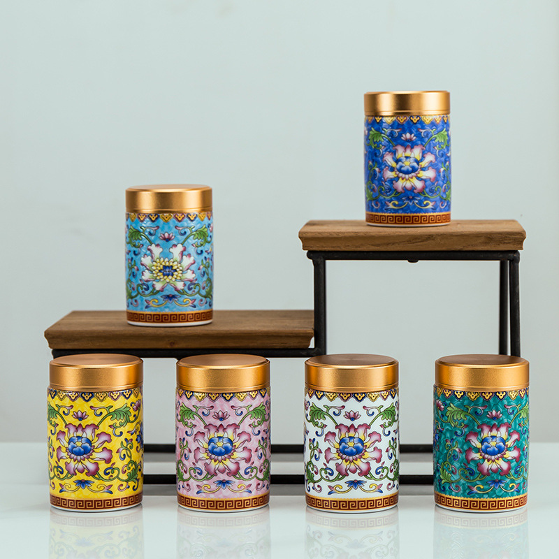 Kun Kun Ceramic Creative Ceramic Enamel Color Tea Caddy Travel Portable Top and Bottom Cover Box Small Mini Household Sealed Storage Caddy Gift Box 6 pieces 068 details Picture