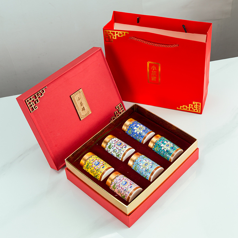 Kun Kun Ceramic Creative Ceramic Enamel Color Tea Caddy Travel Portable Top and Bottom Cover Box Small Mini Household Sealed Storage Caddy Gift Box 6 pieces 068