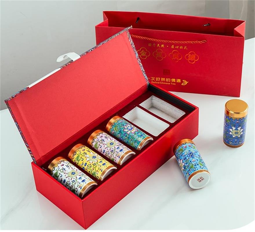 Kun Kun Ceramic Creative Ceramic Enamel Color Double Lotus Tea Jar Travel Portable Medium-sized Travel Sealed Storage Jar Gift Box Set of 6 pieces per box 069