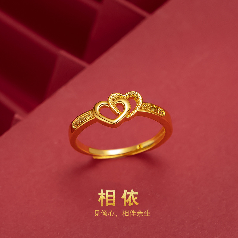 越南沙金镀金双心女戒 拼多多走量款戒指 日韩时尚开口女爱心戒指新奇饰品
