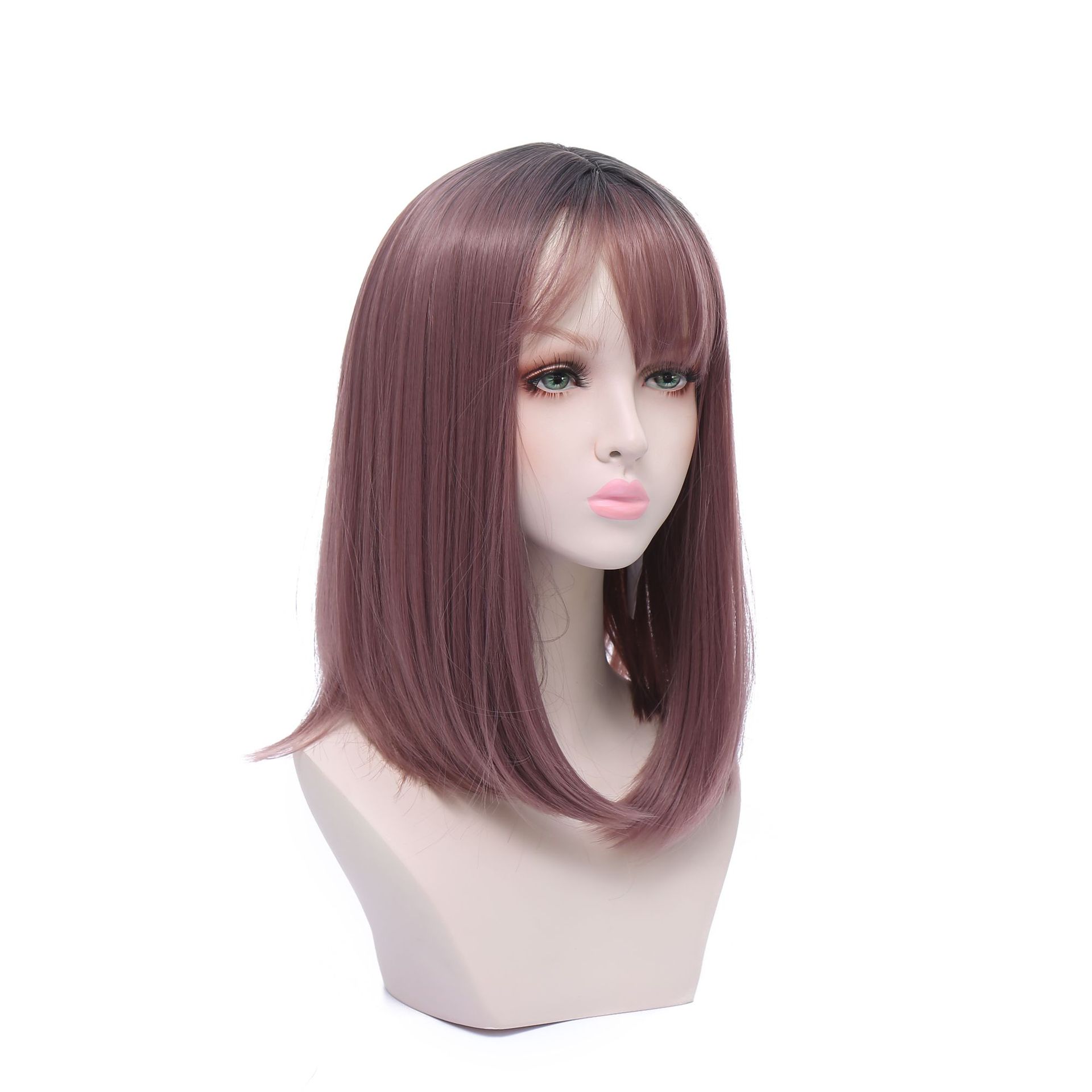 A mid-length straight wig for a female Internet celebrity with a round face and straight bangs with an inwardly folded haze powder realistic wig Specification image