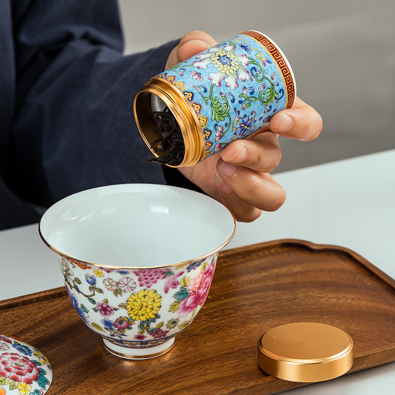 Kun Kun Ceramic Creative Ceramic Enamel Color Tea Caddy Travel Portable Top and Bottom Cover Box Small Mini Household Sealed Storage Caddy Gift Box 6 pieces 068 Application Scenario