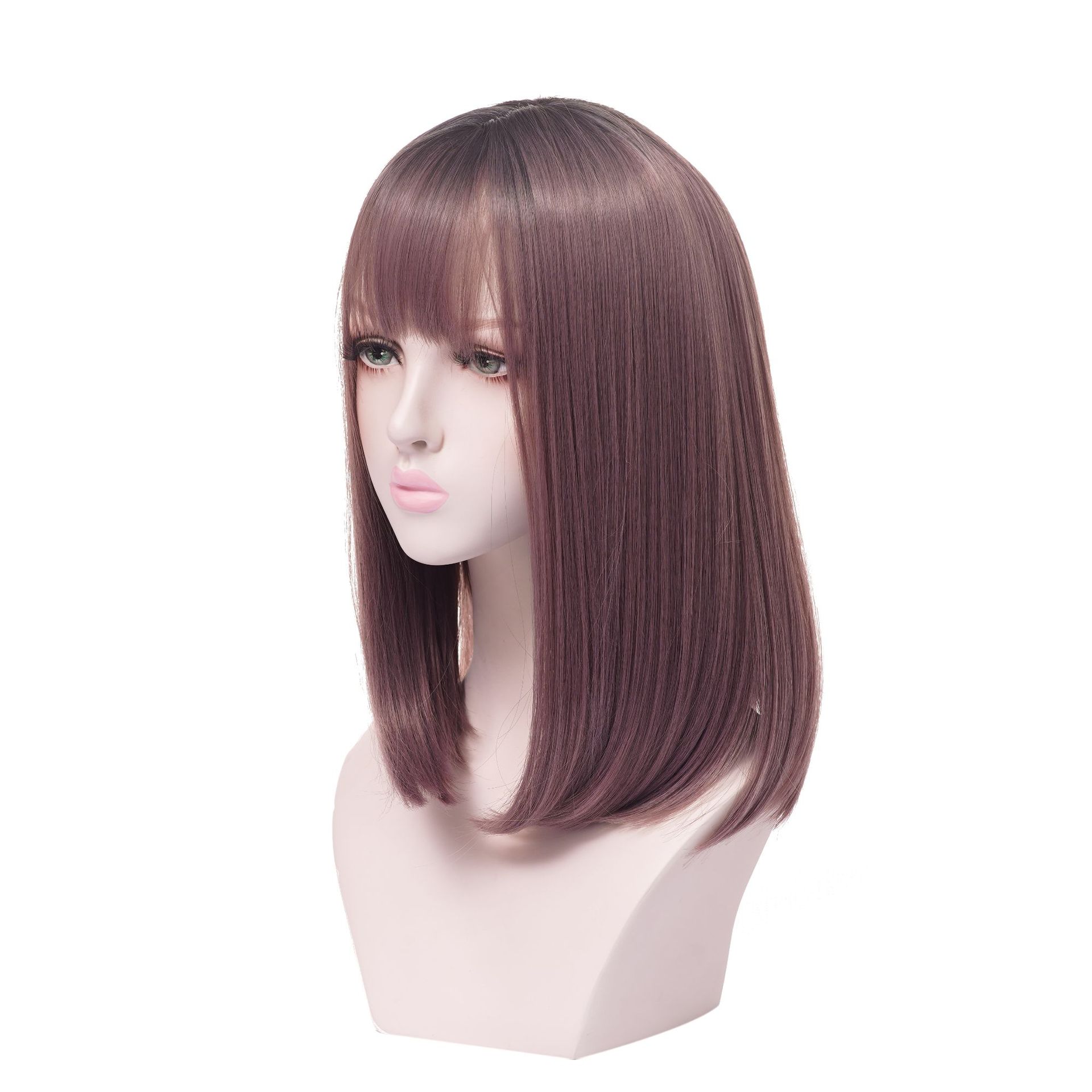 A mid-length straight wig for a female Internet celebrity with a round face and straight bangs with an inwardly folded haze powder realistic wig details Picture