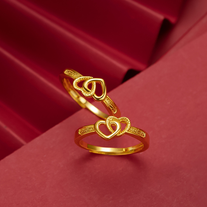 Vietnamese sand gold gold-plated double heart women's ring, Pinduoduo best-selling ring, Japanese and Korean fashionable open heart women's ring, novel accessories details Picture