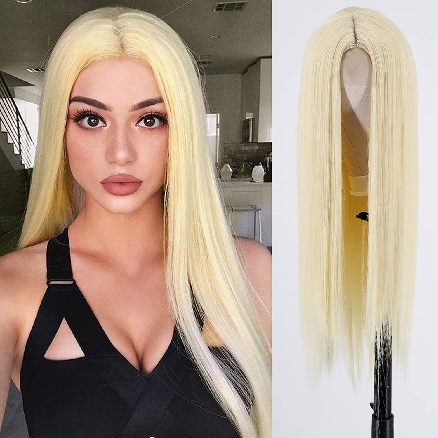 European and American women's wig, long straight hair, synthetic fiber front lace wig, small lace wig details Picture