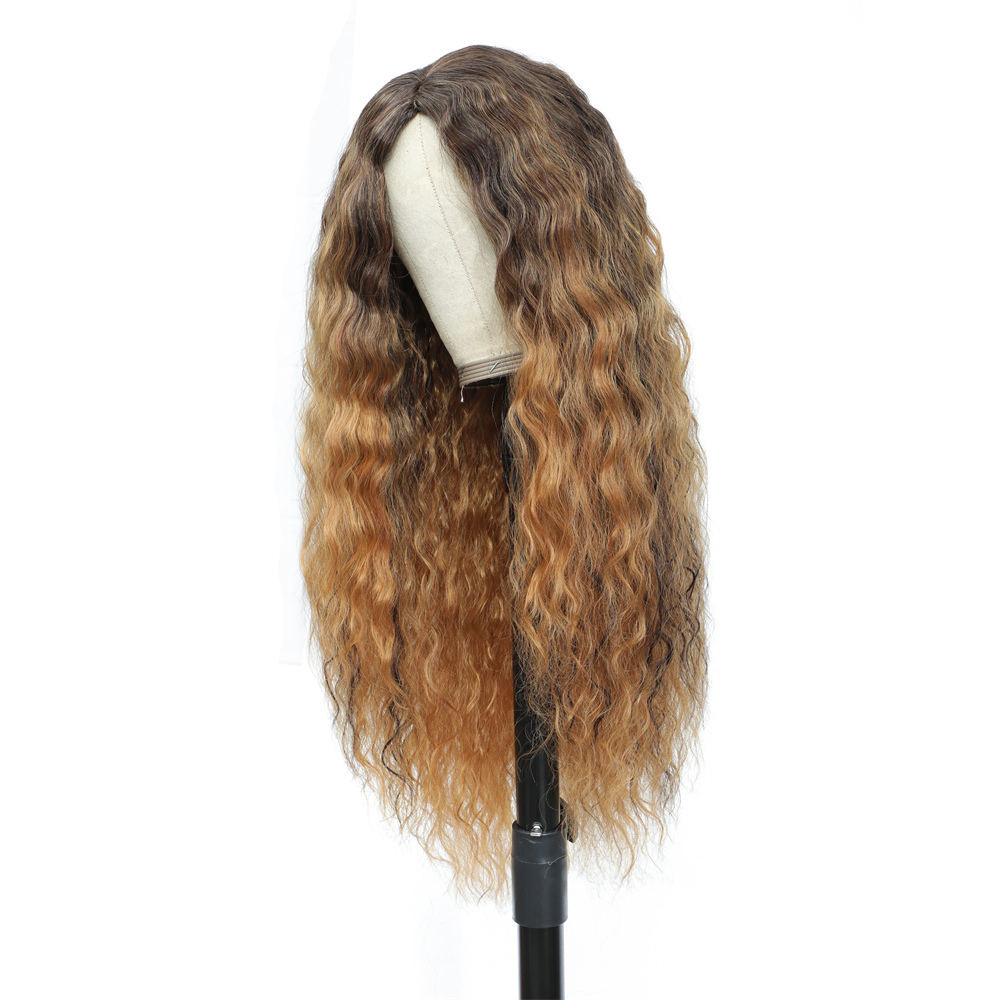 Highlight Ombre long natural wave wig, glue-free combined wig for women, with a water wave mechanism in the middle part, 10-26 inches