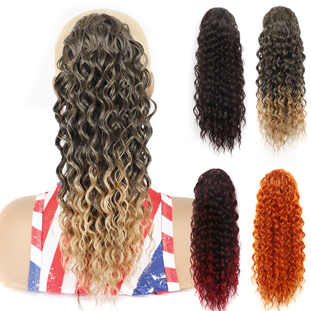 Cross-border African wig ponytail for women, 16-inch deep curly drawstring ponytail, drawstring net pocket small curly chemical fiber ponytail